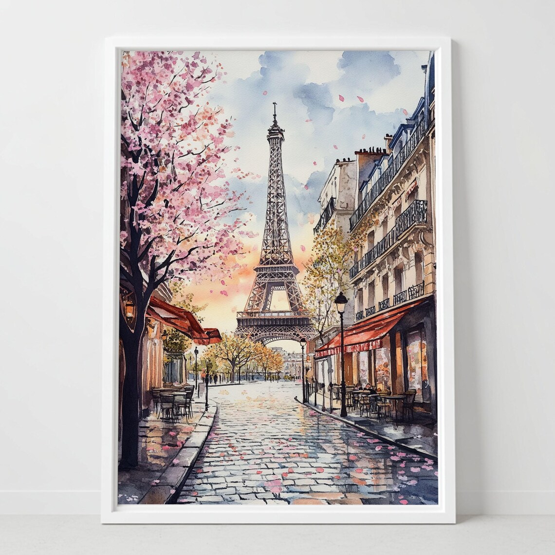 Paris Eiffel Tower Cherry Blossom Watercolor Romantic France Poster
