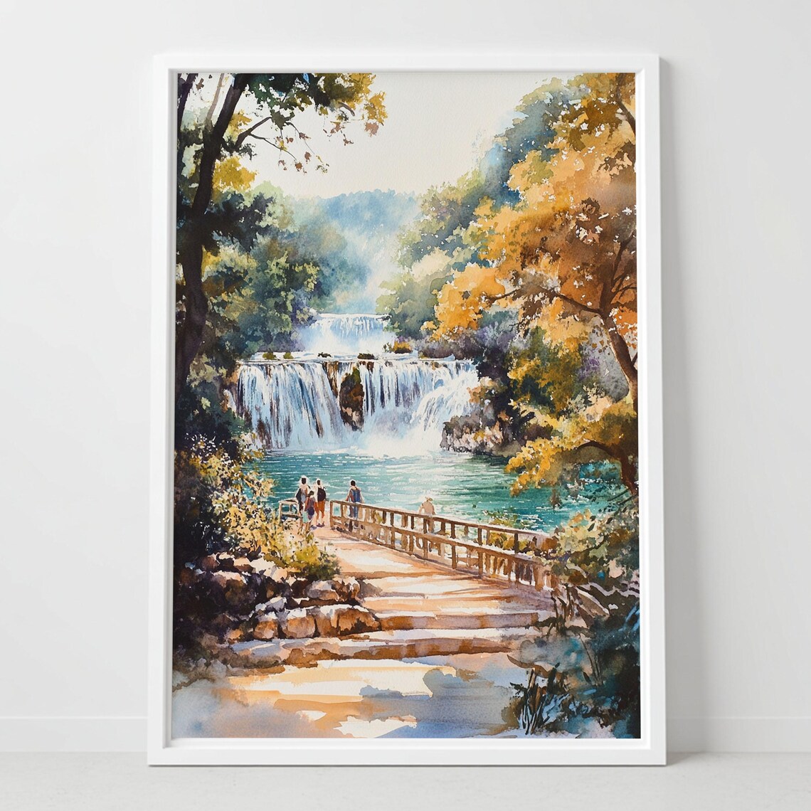 Forest Waterfall with Wooden Boardwalk Golden Autumn Watercolor Poster