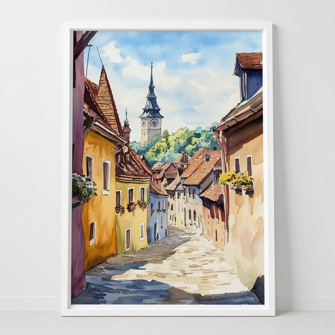 Sighisoara Romania Medieval Old Town Street Clock Tower Watercolor Poster