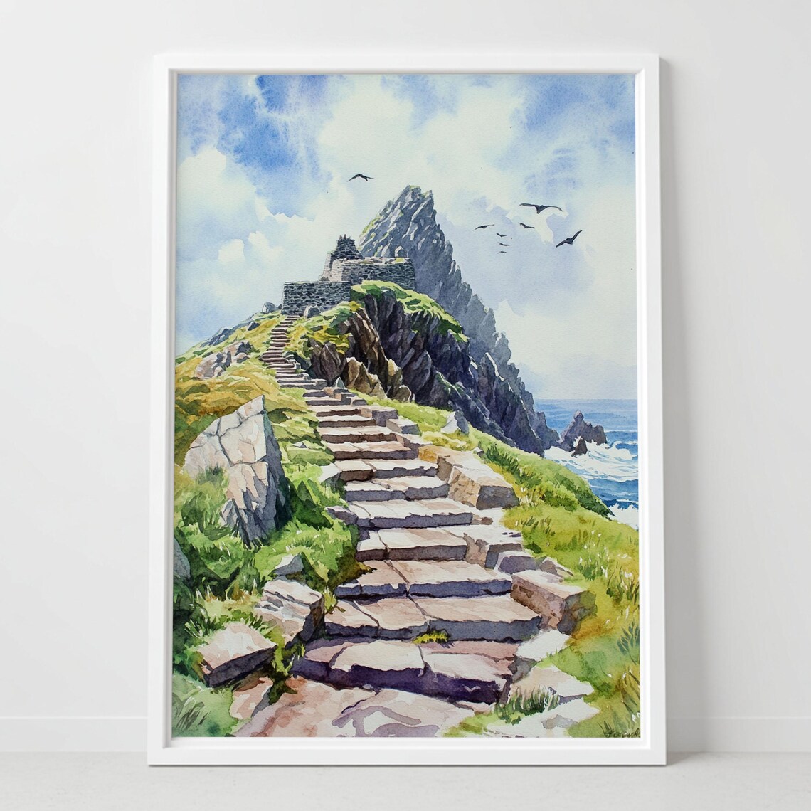 Coastal Mountain Stone Steps Watercolor Art Poster Ruins and Seabirds