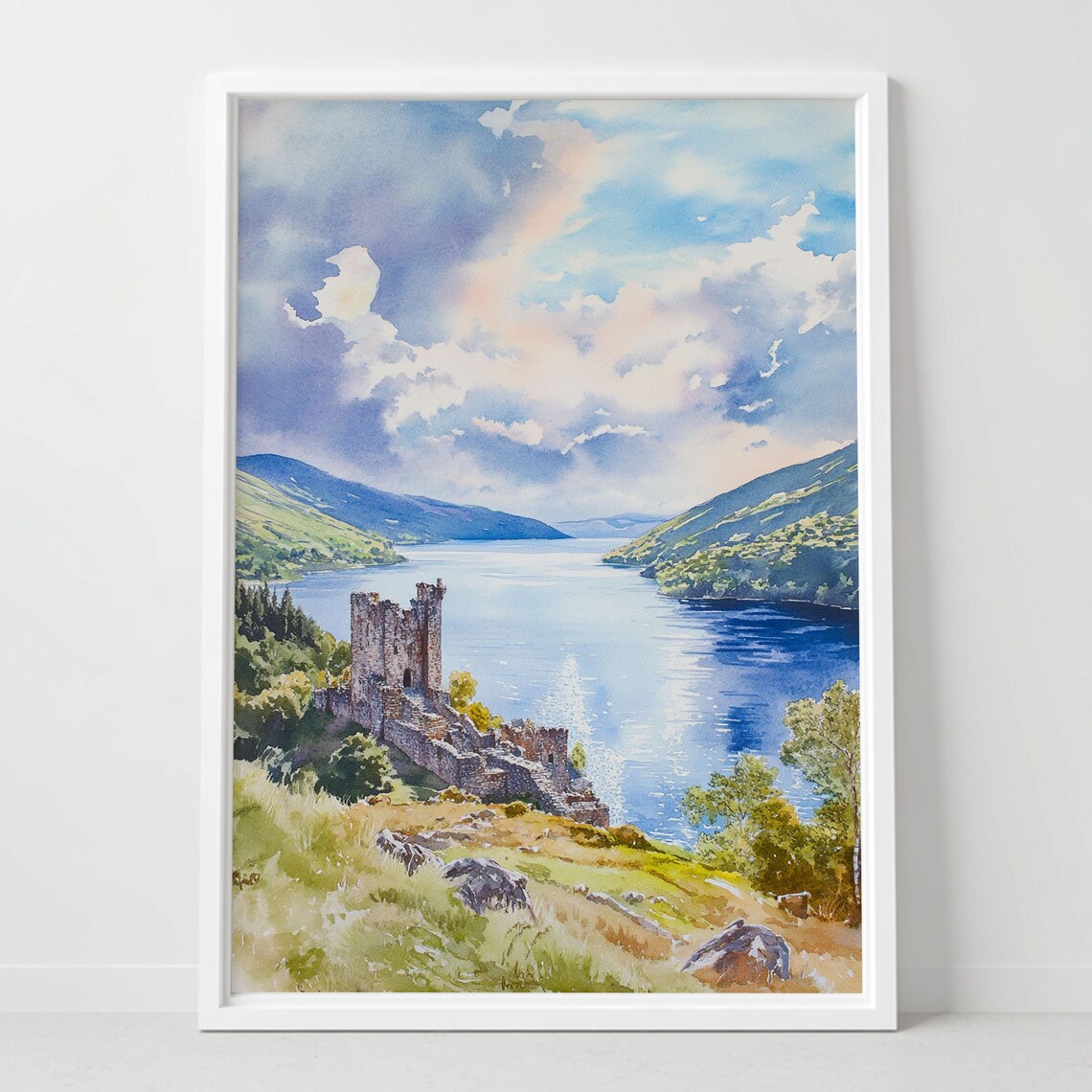 Loch Ness Scotland Castle Ruins Highland Lake Watercolor Art Poster