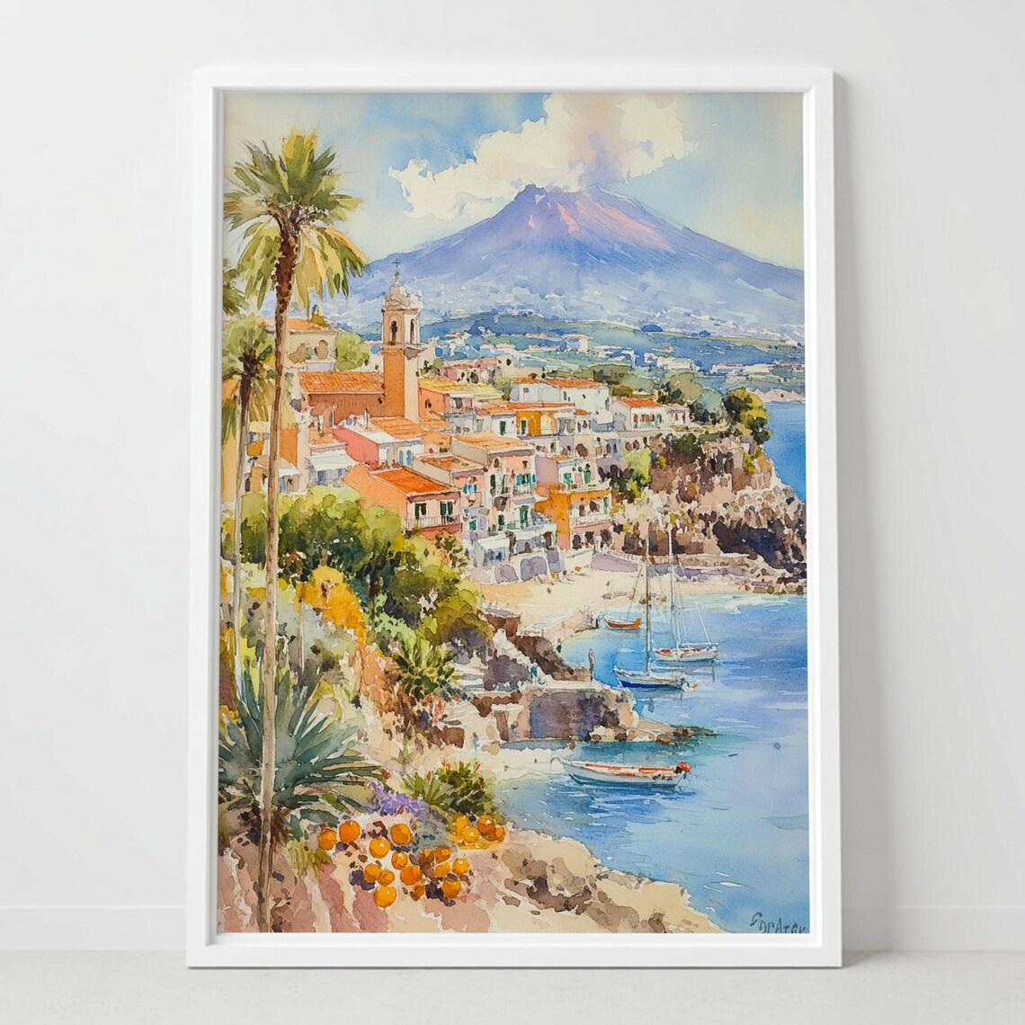 Coastal Town Smoking Volcano Watercolor Mediterranean Sea Poster