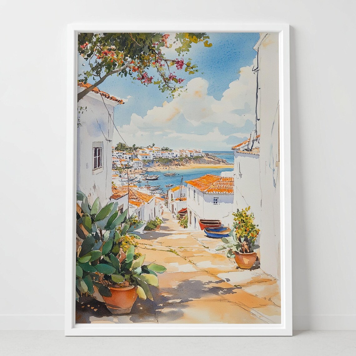 Alvor Portugal Coastal Village Fishing Boats Watercolor Travel Poster