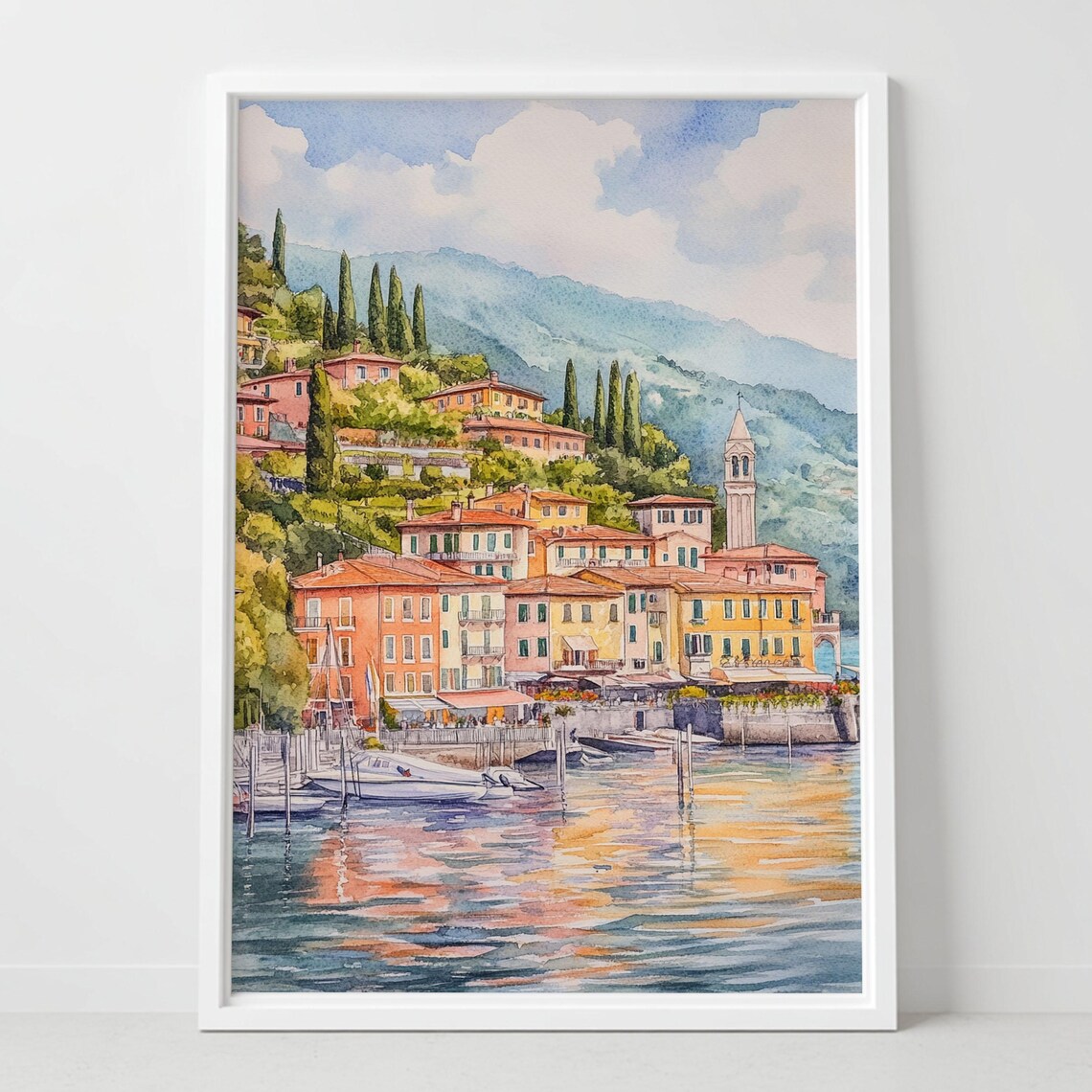 Bellagio Italy Lake Como Waterfront Colorful Houses Watercolor Poster
