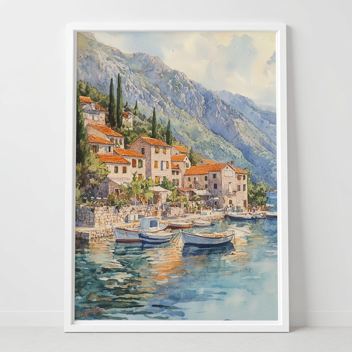 Kotor Bay Montenegro Watercolor Poster Coastal Village Fishing Boats