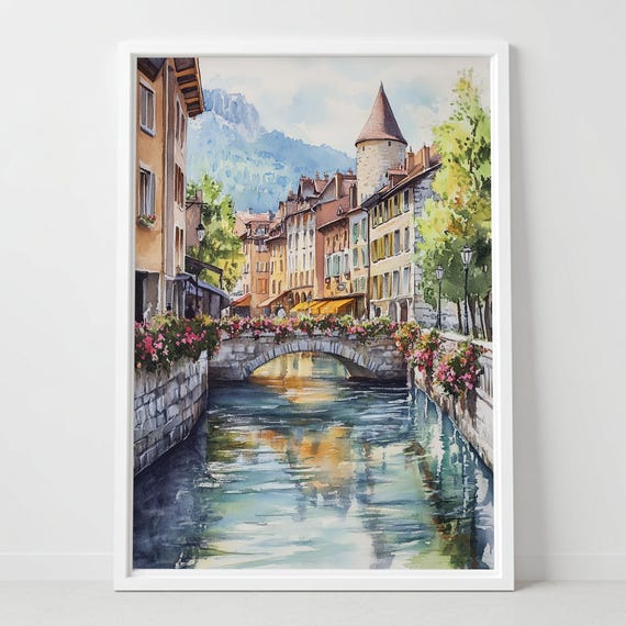 Annecy France Watercolor Print, Canal View