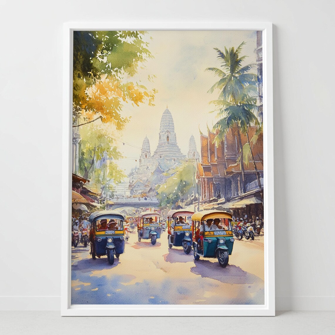 Bangkok Thailand Tuk Tuk Street Wat Arun Temple Watercolor Poster