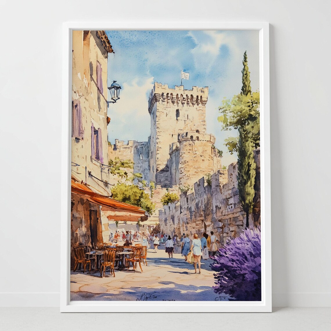 Avignon France Palace of the Popes Watercolor Old Town Street Poster