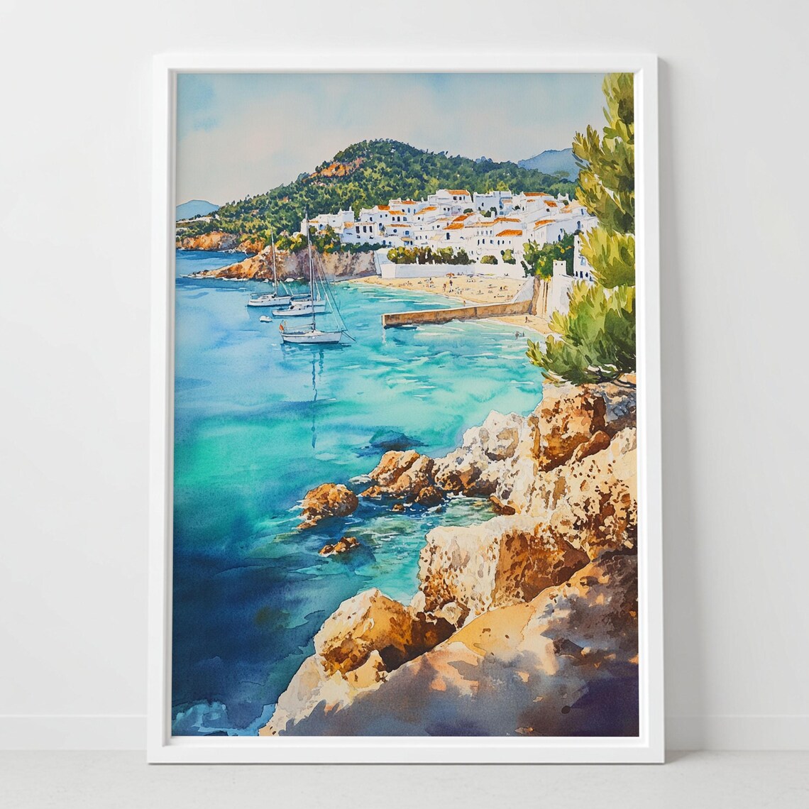 Ibiza Spain Balearic Coast White Village Turquoise Bay Watercolor Poster