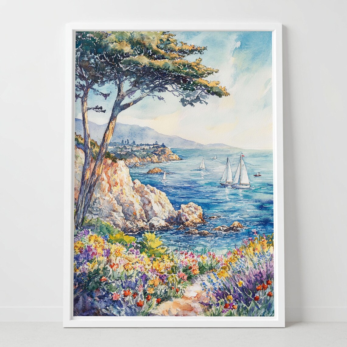 California Coast Sailboats Watercolor Cliffside Bay Art Poster