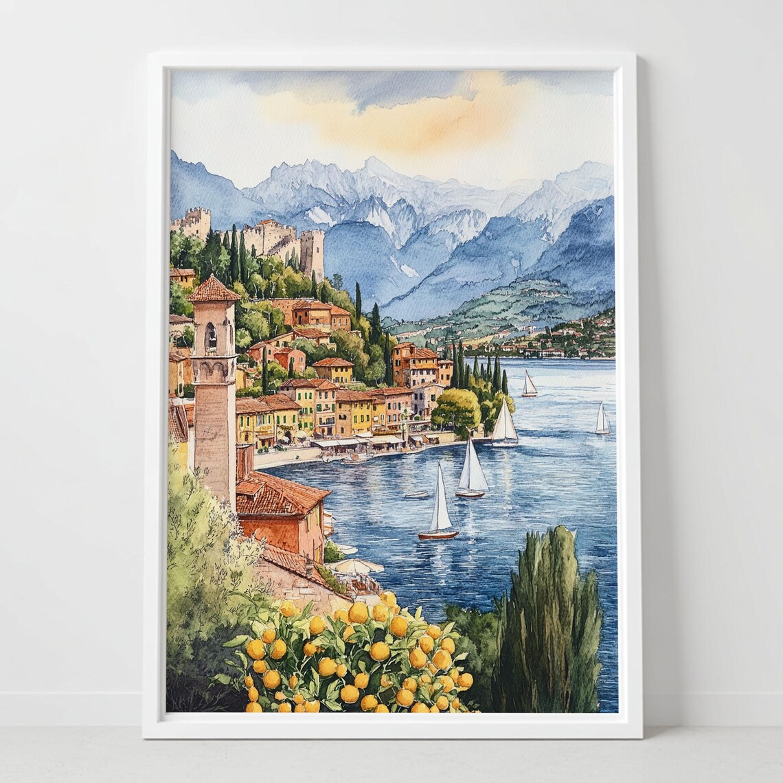 Alpine Lakeside Town with Sailboats Mountains Watercolor Poster