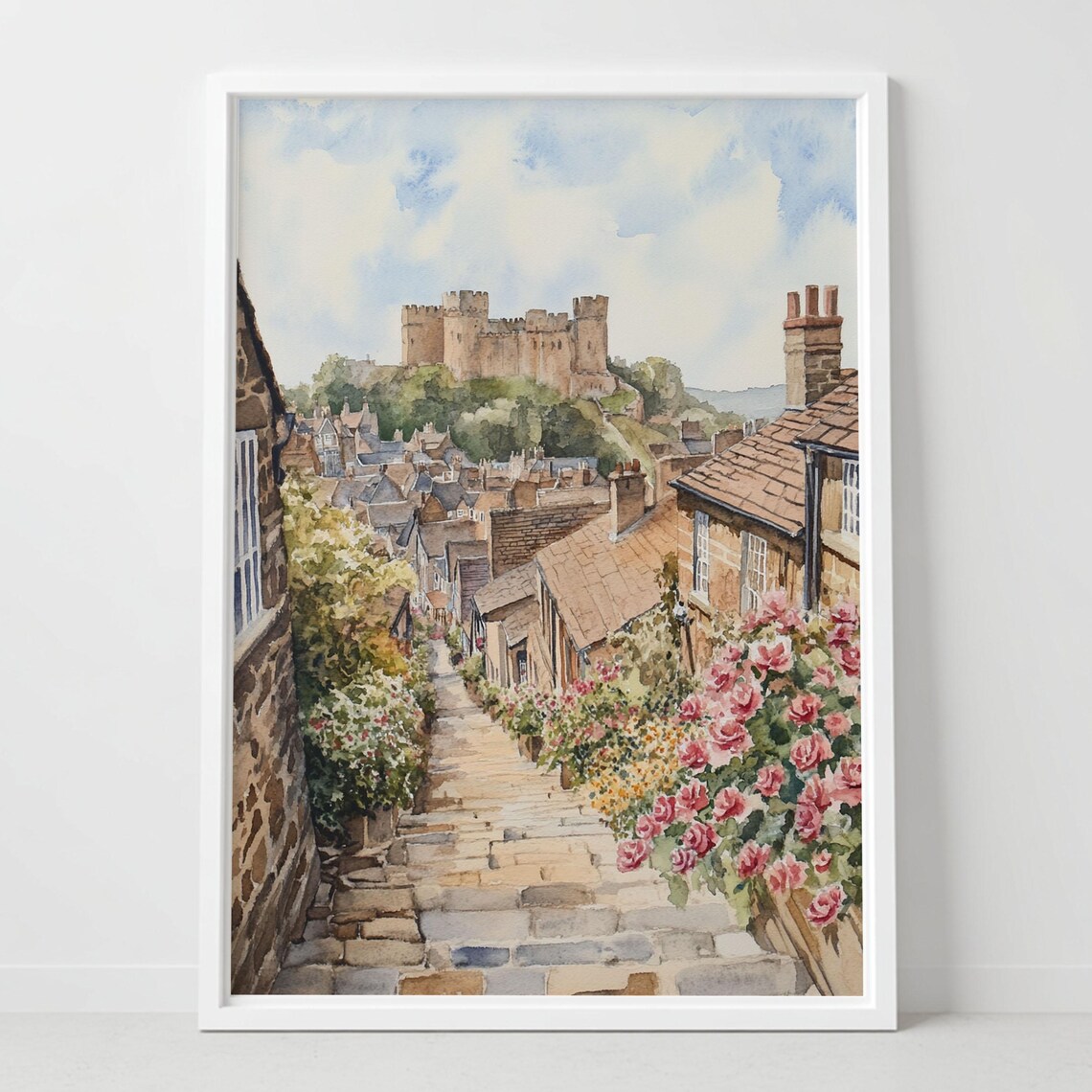 Alnwick Castle Northumberland Cobblestone Lane Watercolor Poster