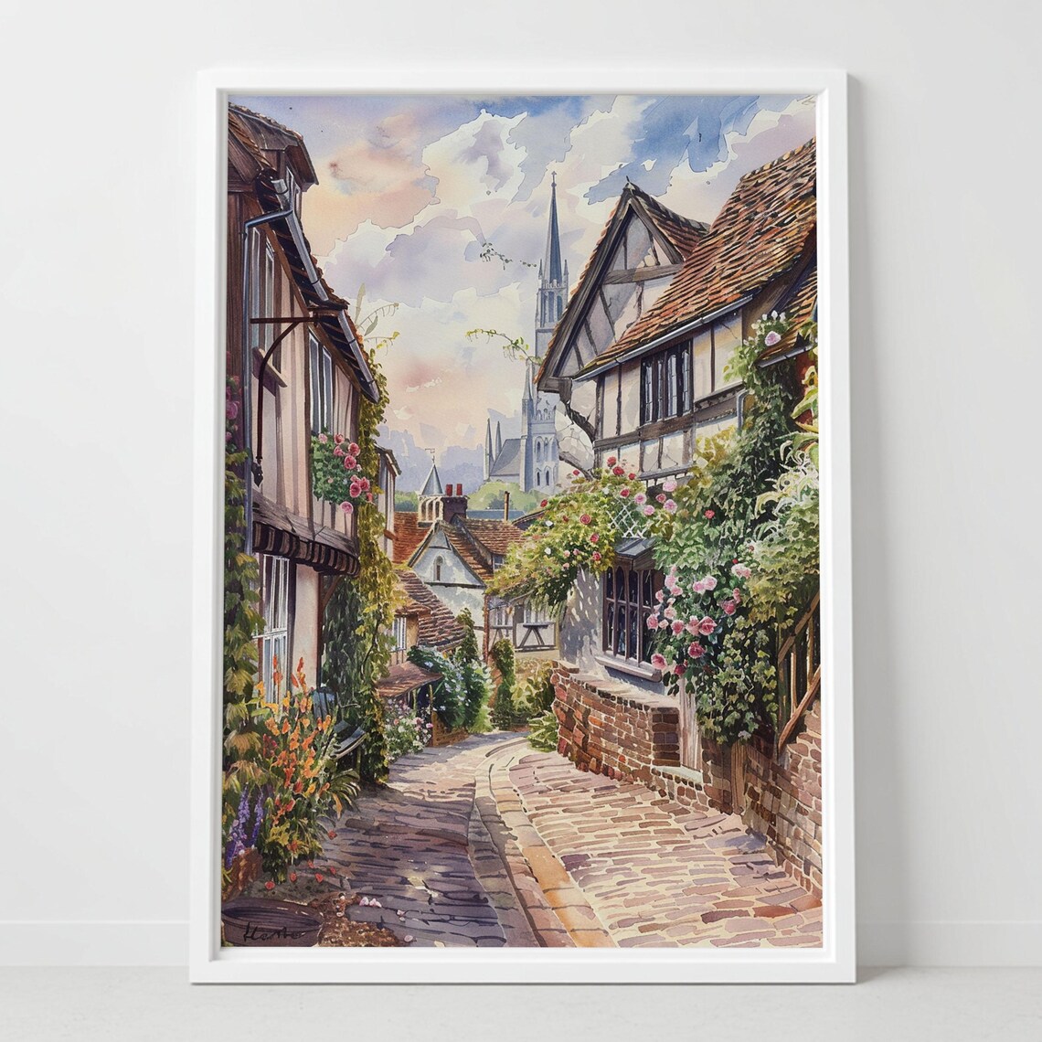 Lavenham England Watercolor Tudor Half Timbered Village Lane Poster