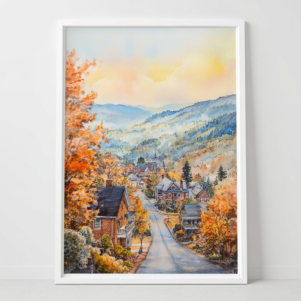 Asheville North Carolina Autumn Mountains Town Watercolor Art Poster