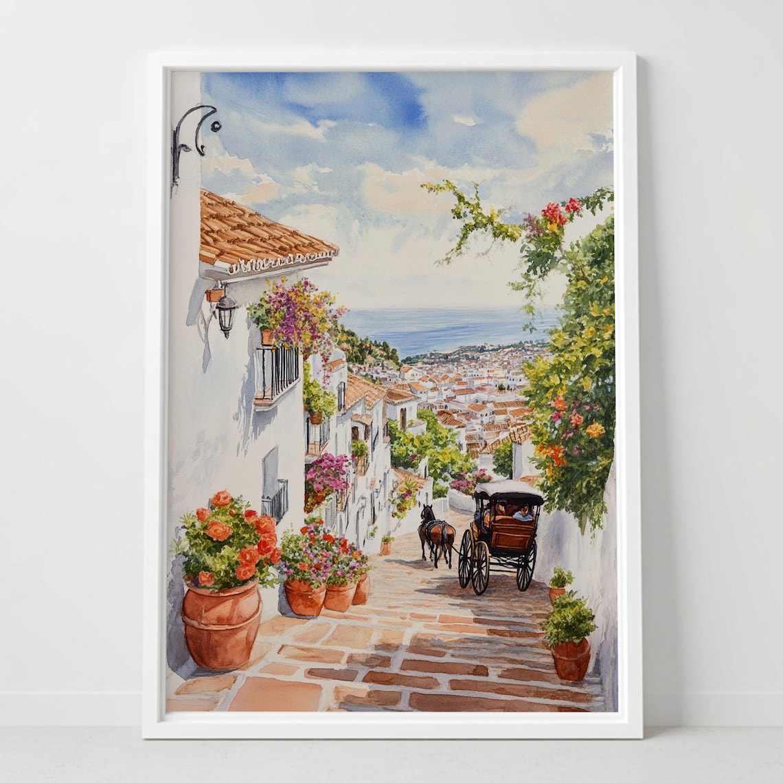 Mijas Spain Watercolor Andalusian White Village Horse Carriage Poster