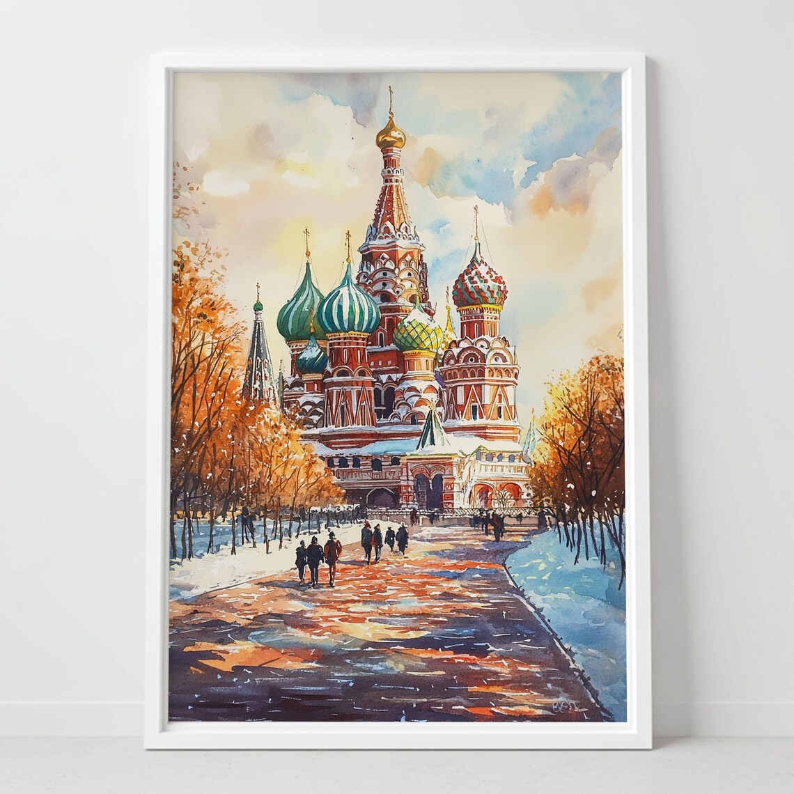 Moscow St Basil Cathedral Watercolor Snowy Colorful Domes Poster
