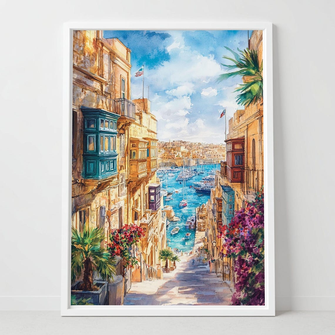 Valletta Malta Old Town Harbor Street Watercolor Travel Poster
