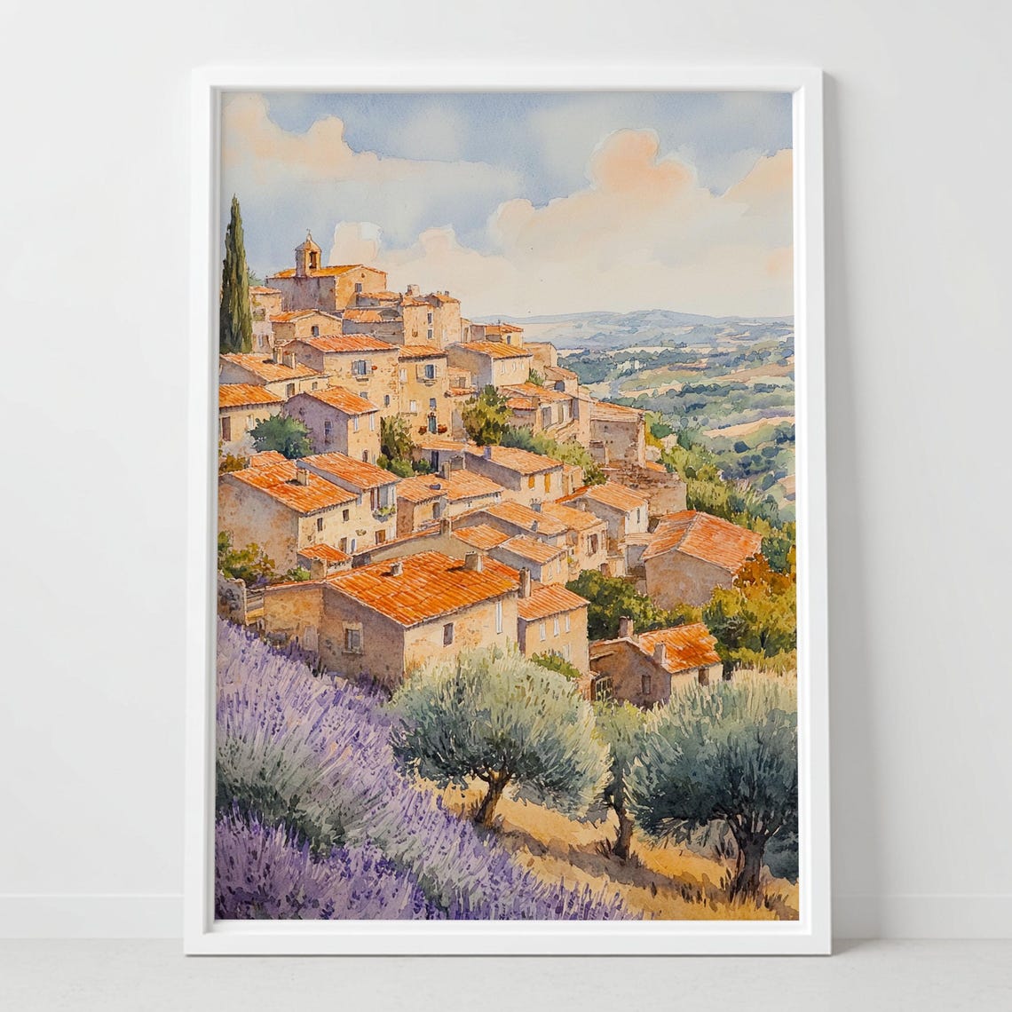 Hillside Village Lavender Fields Olive Trees Watercolor Travel Poster