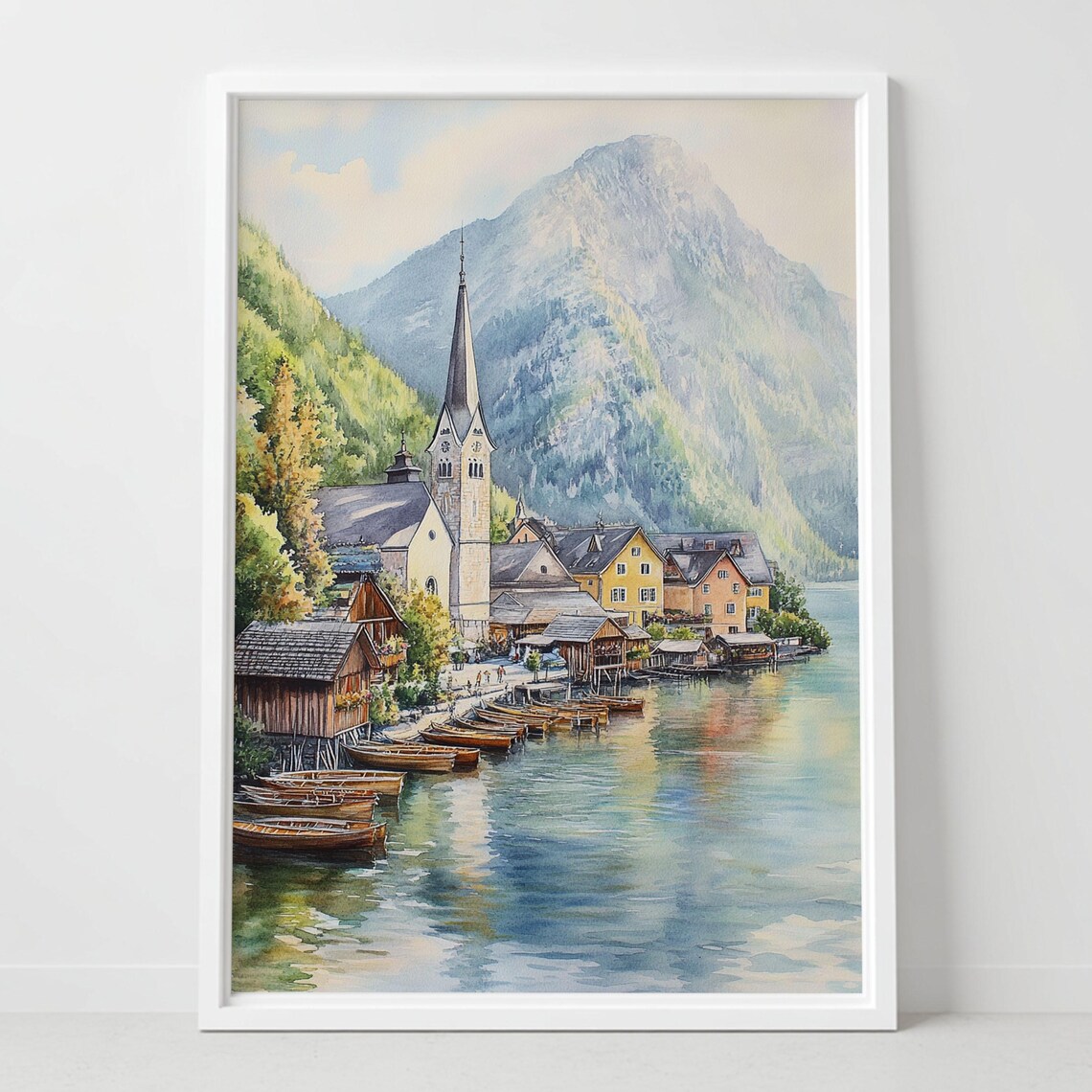 Alpine Lakeside Village Church and Boats Watercolor Travel Poster