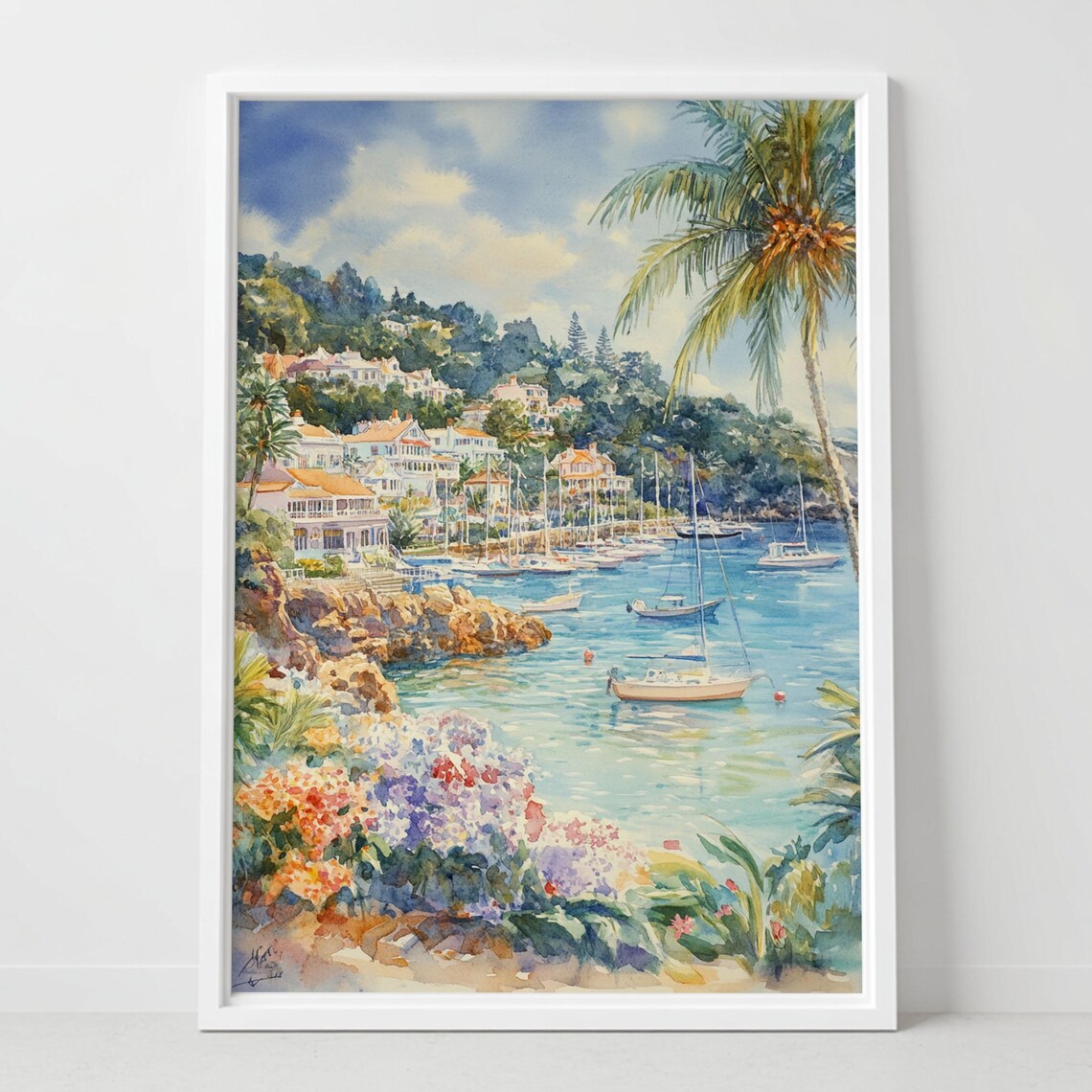 Mediterranean Harbor Watercolor Poster with Sailboats and Palm Trees