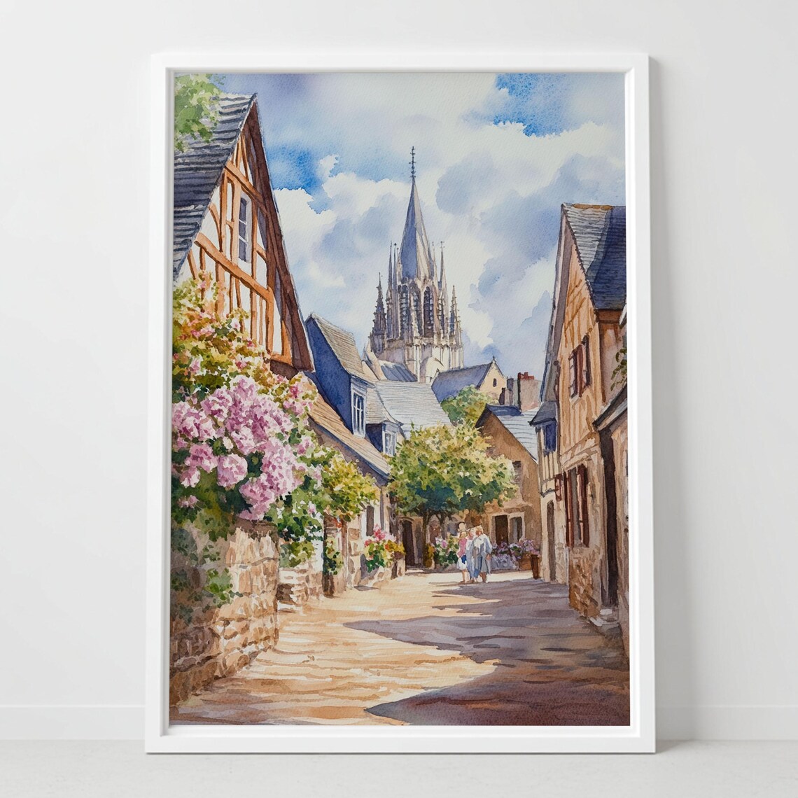Treguier France Flower Street Half Timbered Houses Cathedral Watercolor Poster