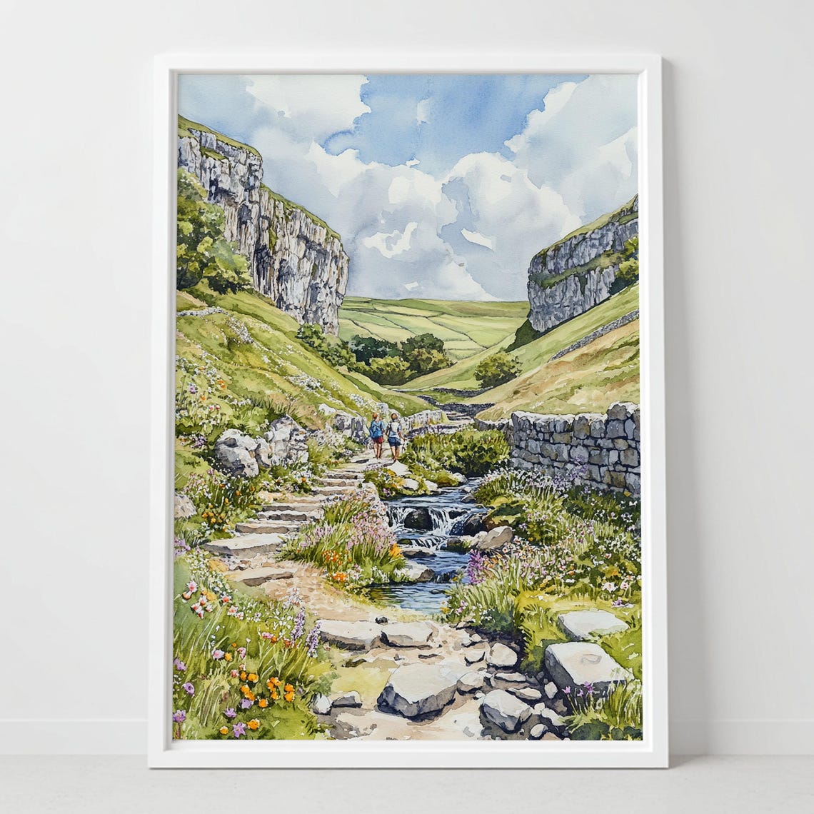 Malham Cove Yorkshire Watercolor Limestone Valley Stream Walk Poster
