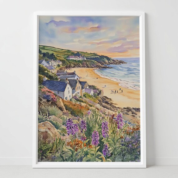 Harlyn Bay Cornwall Coastal Beach Village Sunset Watercolor Poster