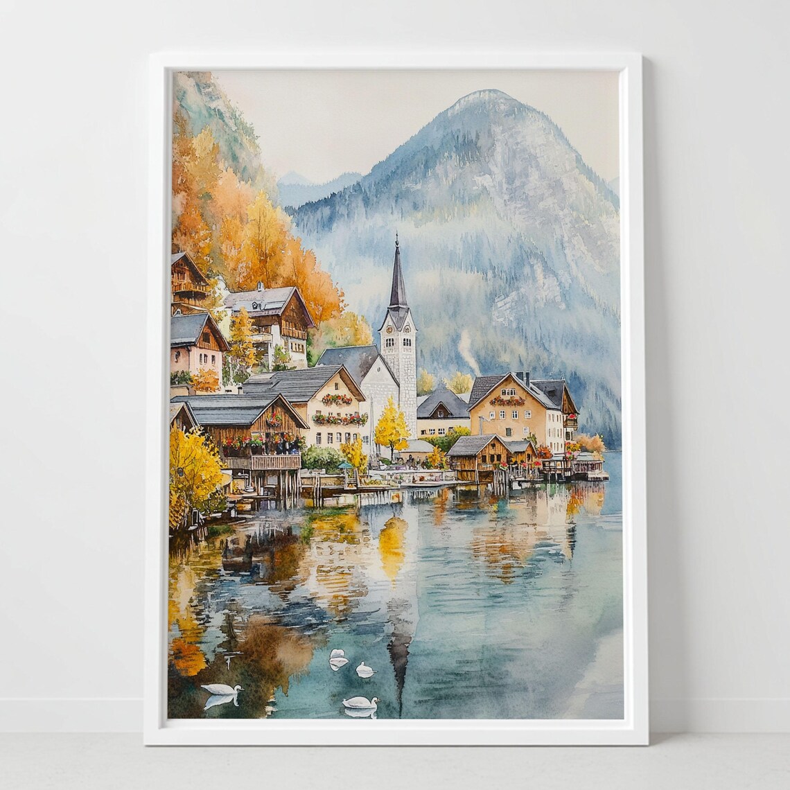 Hallstatt Austria Lakeside Village Watercolor Mountain Poster