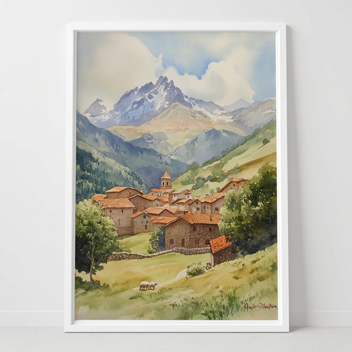Pyrenees Mountain Village Watercolor Old Town Stone Houses Poster