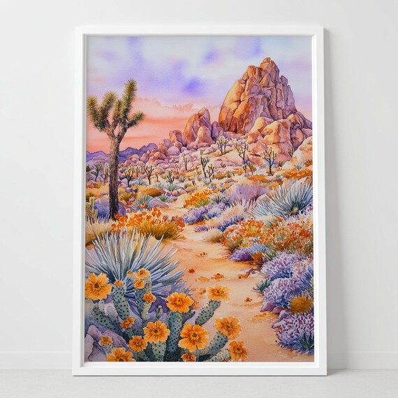 Joshua Tree Desert Sunset Watercolor Cactus Blooms Art Poster