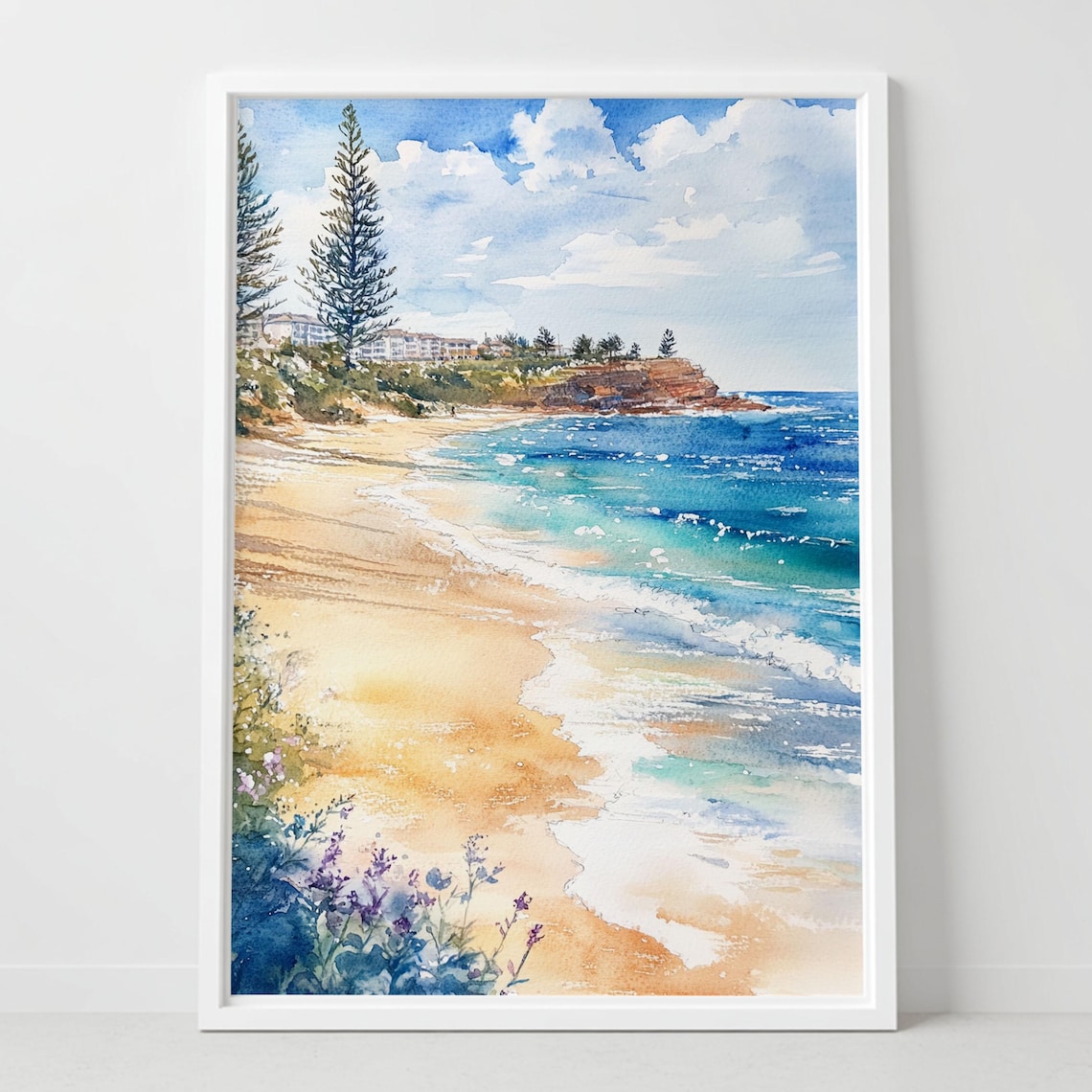 Coogee Beach Australia Watercolor Ocean Waves Coastal Poster