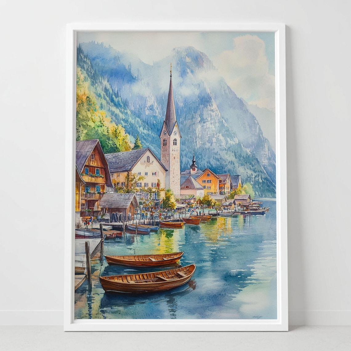 Hallstatt Austria Watercolor Lakeside Village Church Spire Boats Poster