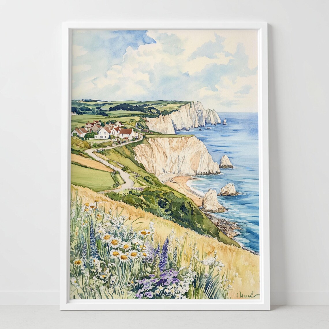 Isle of Wight White Chalk Cliffs Sea Stacks Watercolor Poster