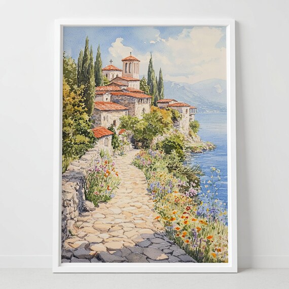 Lakeside Monastery Watercolor Cobblestone Path Wildflower Poster