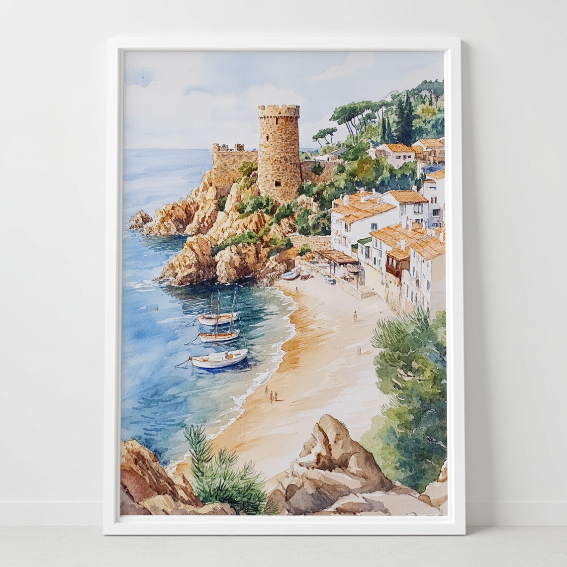 Tossa De Mar Spain Cove Boats Stone Tower Beach Coast Watercolor Poster