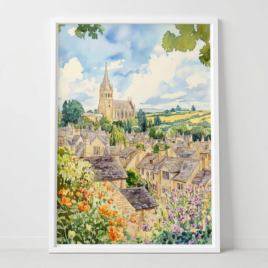 Cirencester England Watercolor Church Spire Cotswold Town Poster