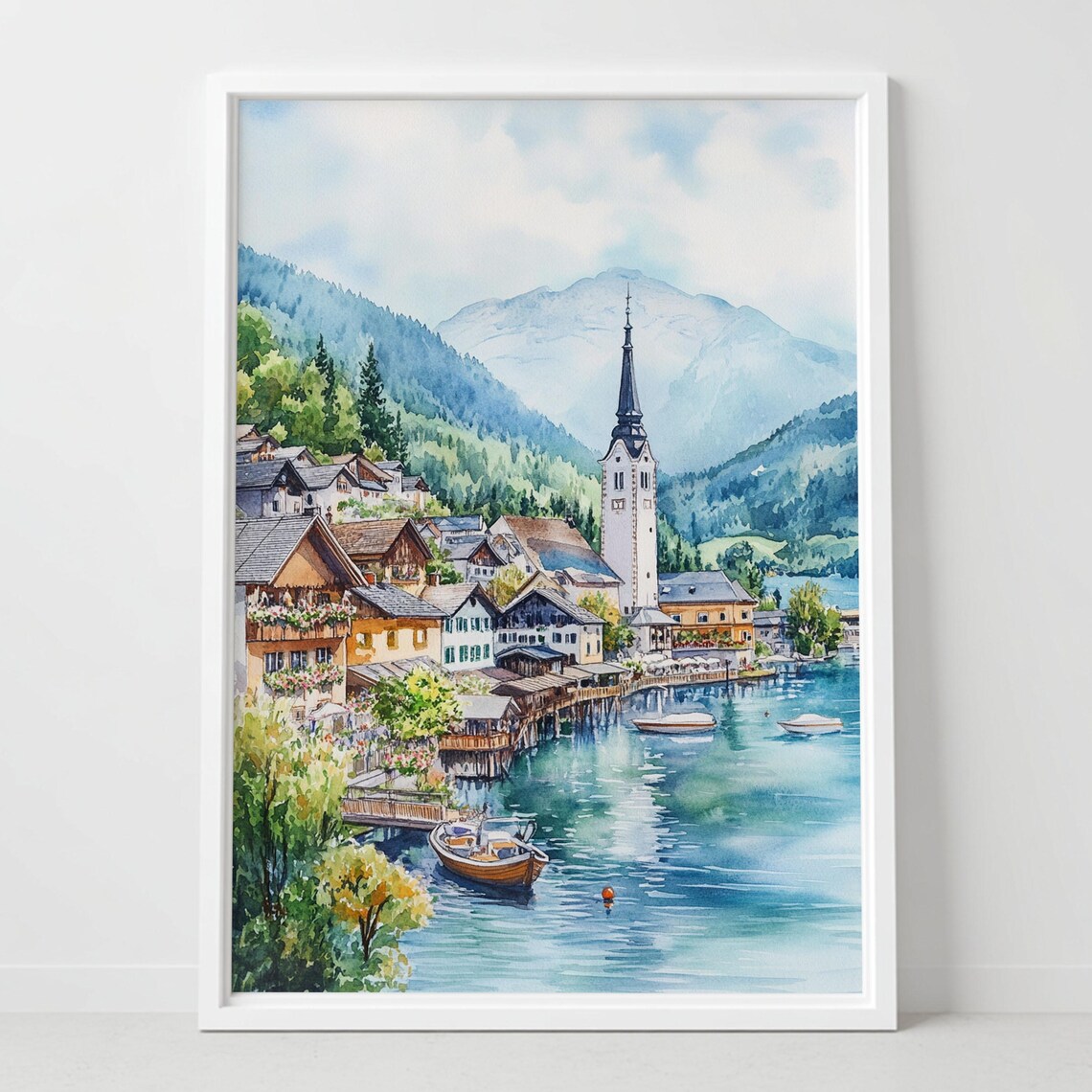 Austrian Lakeside Alpine Mountain Village Church Watercolor Poster