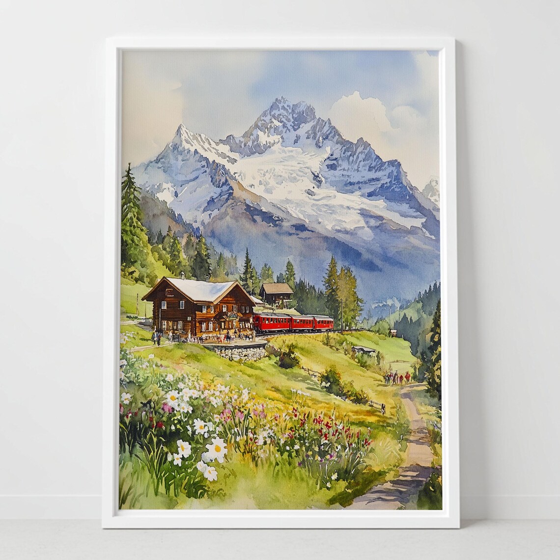 Jungfrau Switzerland Alps Chalet Red Train Mountain Watercolor Poster