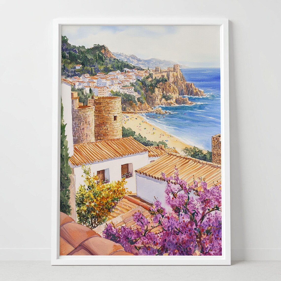 Tossa De Mar Spain Coastal Town Beach Towers Mediterranean Watercolor Poster