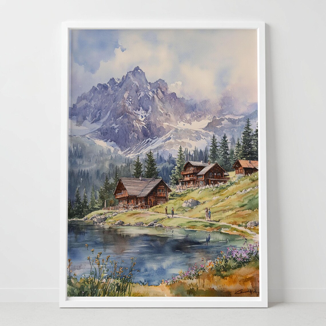 Tatra Mountains Watercolor Cabin Lake Snowy Peaks Poland Poster