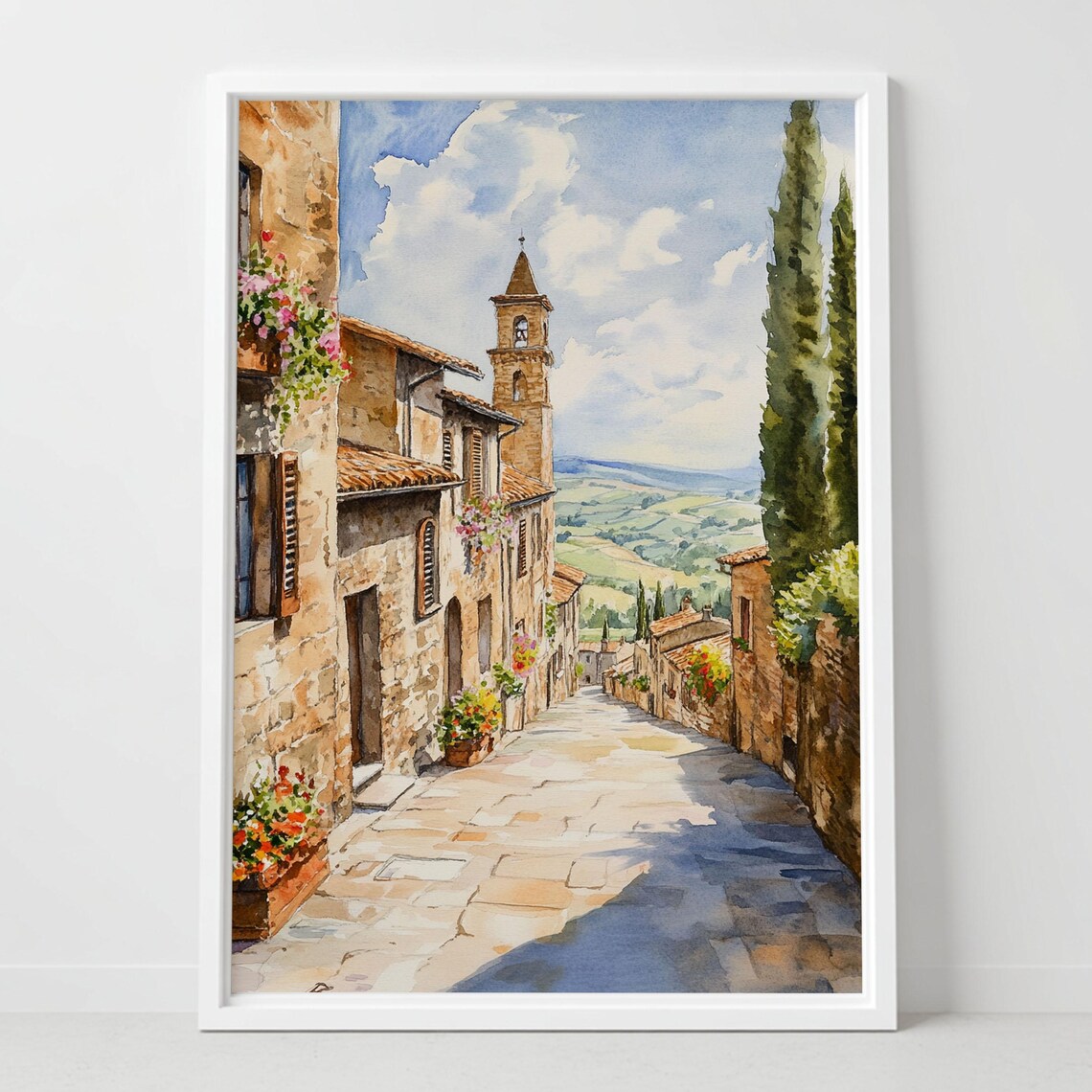 Pienza Tuscany Italy Stone Street Bell Tower Cypress Watercolor Poster