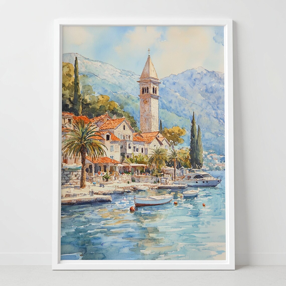 Perast Montenegro Watercolor Coastal Town Harbor Church Tower Poster