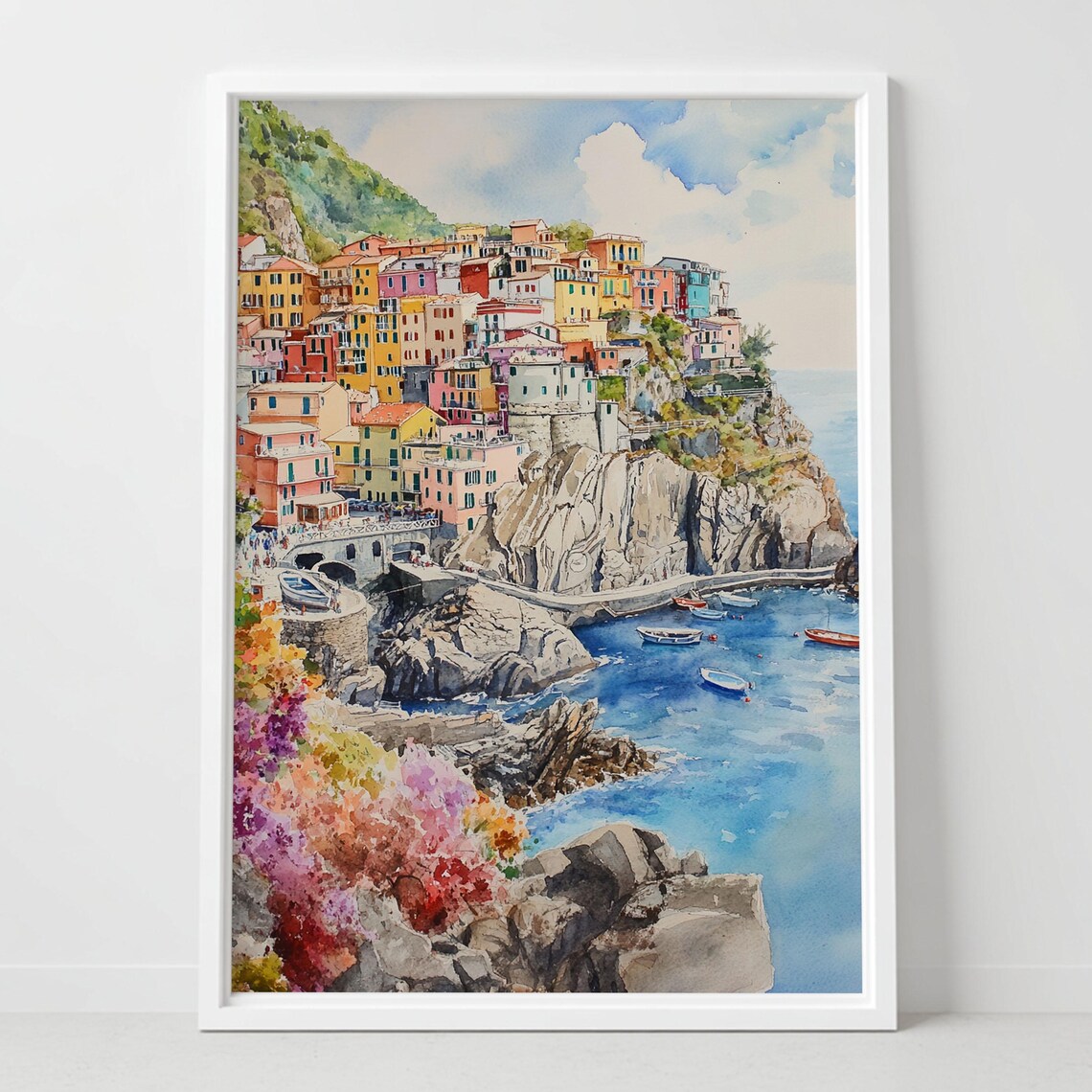Manarola Cinque Terre Italy Colorful Cliff Village Watercolor Poster