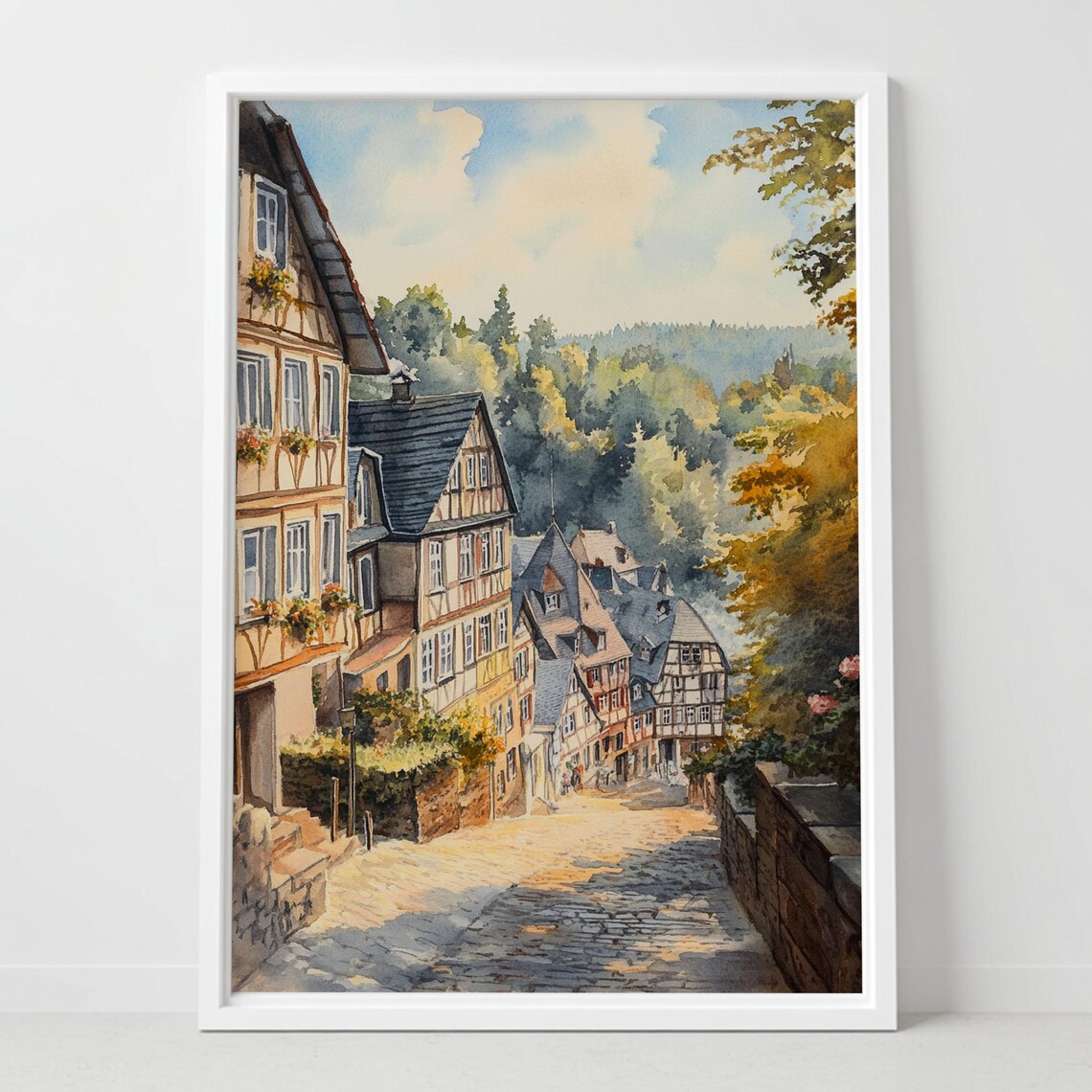 Monschau Germany Watercolor Art Print, Rustic Village