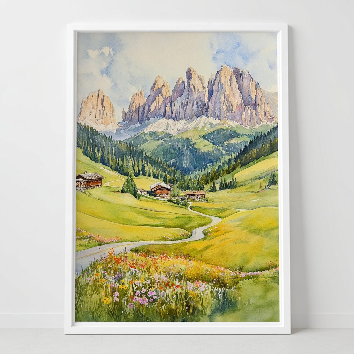 Sella Ronda Dolomites Watercolor Poster Alpine Meadow Italy Mountains