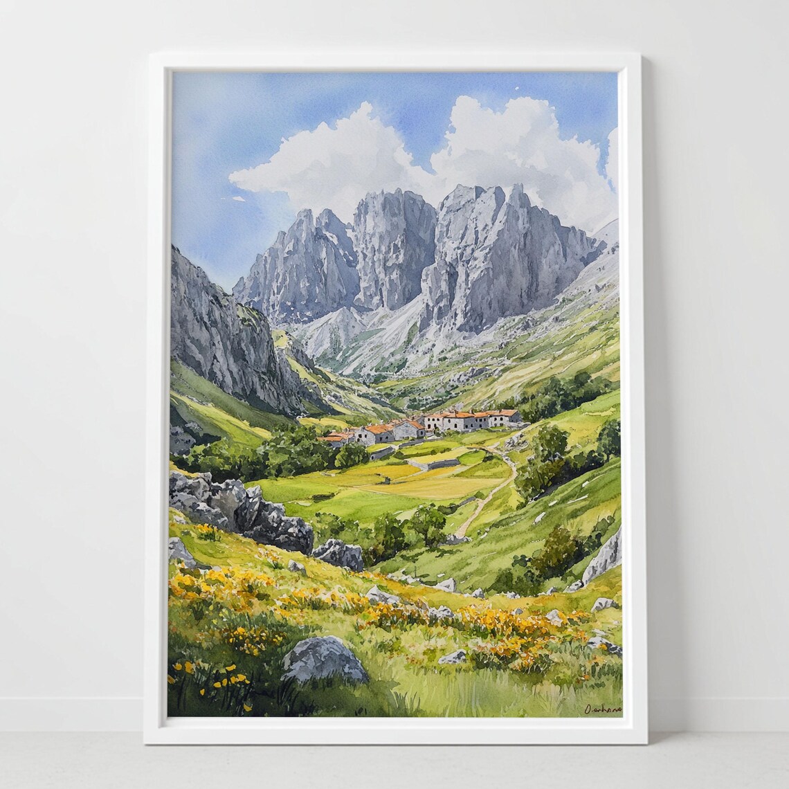 Picos De Europa Spain Watercolor Jagged Peaks Village Poster
