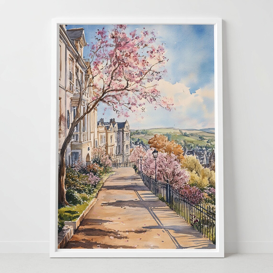 Cheltenham England Cherry Blossom Terrace Street Watercolor Poster