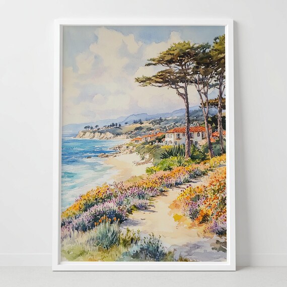 Carmel California Coastal Path Cypress Wildflowers Watercolor Poster