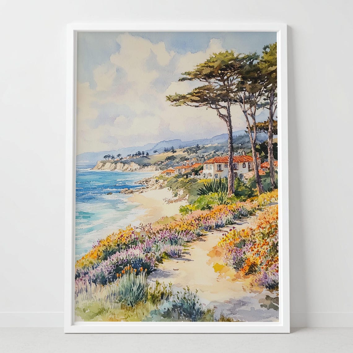 Carmel California Coastal Path Cypress Wildflowers Watercolor Poster