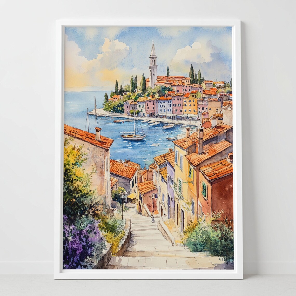 Rovinj Croatia Travel Poster, Coastal Town Watercolor